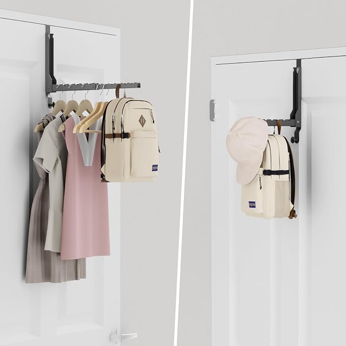 BAKON 2 Pack Heavy Duty Over the Door Hooks, Compact 10 Ridges Double Folding Over the Door Clothes Hanger, Space Saving Over the Door Drying Rack for Laundry Bedroom, Rustproof & Waterproof(Black)