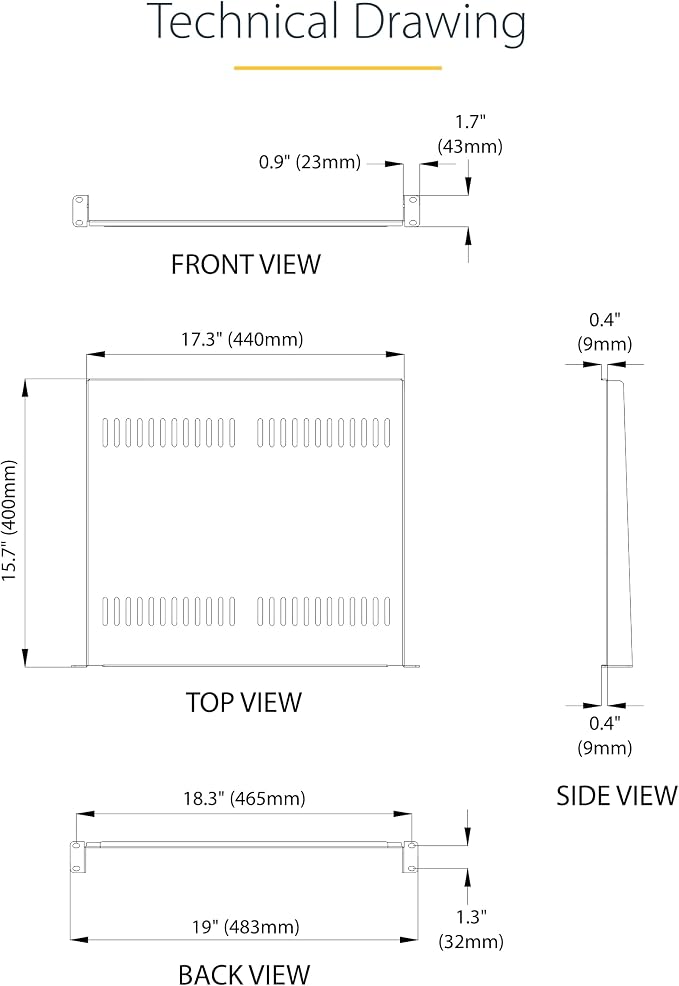 StarTech 1U Vented Cantilever Rack Shelf, 16in, 44lb/20kg (CABSHELF116V) | Universal vented rack mount tray, For 19in network equipment rack & cabinet, Heavy duty steel, 16in deep