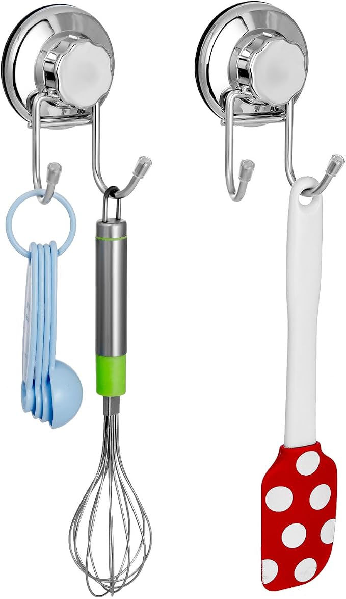 SANNO Double Suction Hooks Suction Cups Vacuum Hook for Flat Smooth Wall Surface Towel Robe Bathroom Kitchen Shower Bath Coat, Stainless Steel (2 Pack)