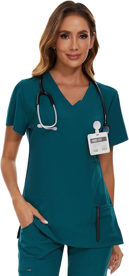 Scrubs Tops for Woman - Soft Stretch, V-Neck Tops | 3 Pockets, Side Split Design, Short Sleeve, Breathable & Lightweight Nursing Shirt, Easy-Care Fabric for All-Day Comfort
