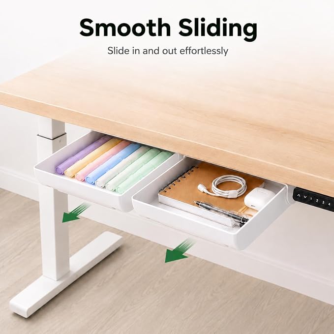 Under Desk Drawer, 2 Pack Self Adhesive Slide Out Desk Storage Drawers | Hidden Desk Drawer Organizer Attachment for Pens, Notes, Earbuds, Cables and Small Office Accessories, White