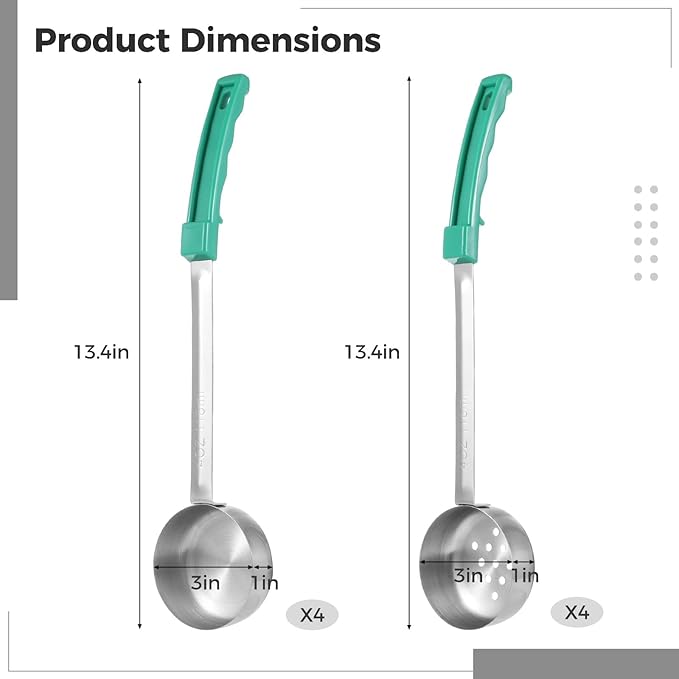 8 Pcs Portion Control Serving Spoons, Including 4 Slotted & 4 Solid Ladles, 4 Oz Stainless Steel Spoons with Non-Slip Plastic Handle for Home Kitchen, Gym Meal Prep, Cafés & Catering