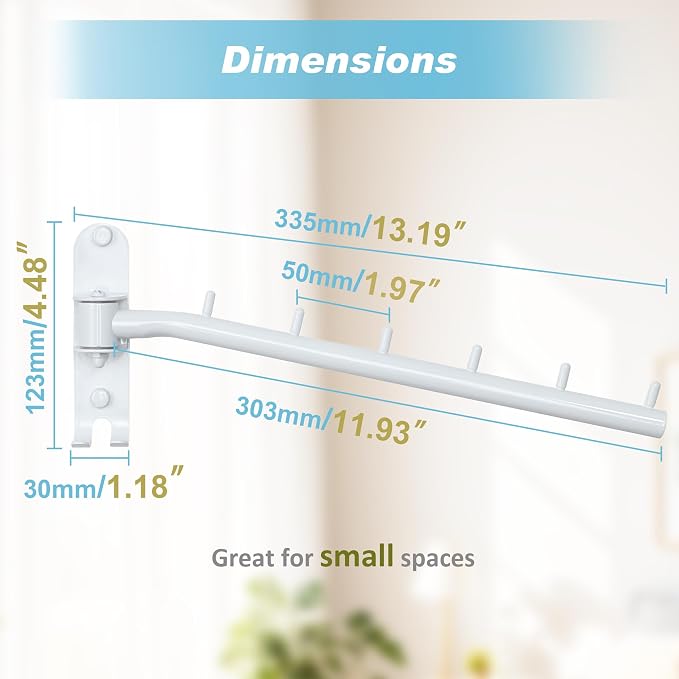 Alise Wall Mounted Drying Rack with Hook,Swivel Clothes Hanger,White,2 Pcs | Space Saving Wall Rack for Clothes,Heavty Duty Stainless Steel Clothes Wall Drying Rack for Laundry Closet Bedroom/Bathroom