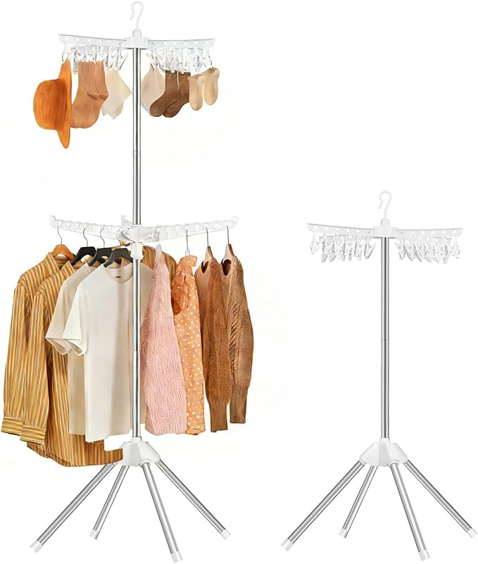 Foldable Clothes Drying Rack, 2 Tier Portable Laundry Drying Rack | 67" Drying Rack, Rotating Clothes Rail with 24 Clips and 3 Rotatable Arms, Flats, Small Rooms, Dorm