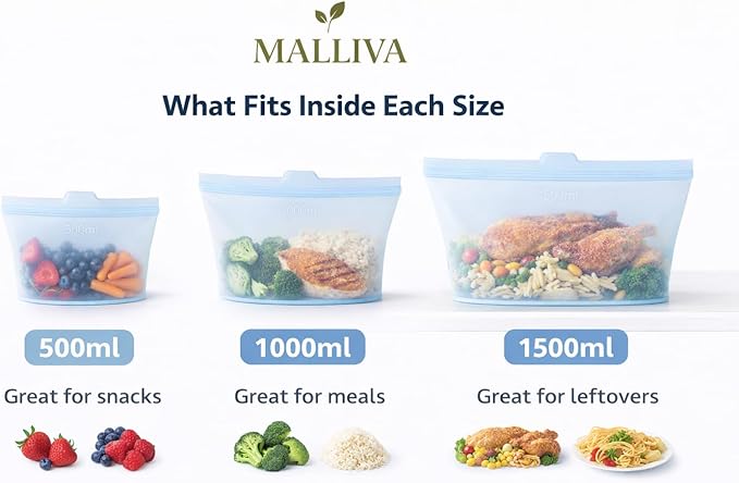 Reusable Silicone Food Storage Bags, 3 Pack (17oz, 34oz & 51oz), Stand Up Ziplock Bags for Meal Prep, Snacks & Sandwiches, Travel, BPA Free, Freezer, Microwave & Dishwasher Safe