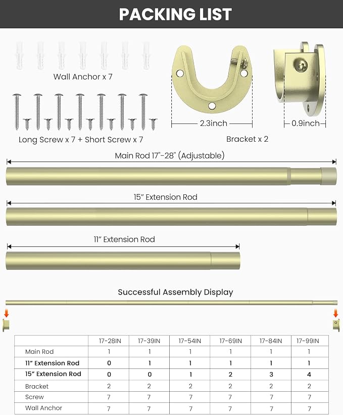 Supforce Closet Rods for Hanging Clothes, 17 to 69 Inches Stepless Adjustable Metal Closet Rod, 1.3 Inches Heavy Duty Clothes Hanging Rod for Closet Wardrobes Laundry RV, Verdant Gold