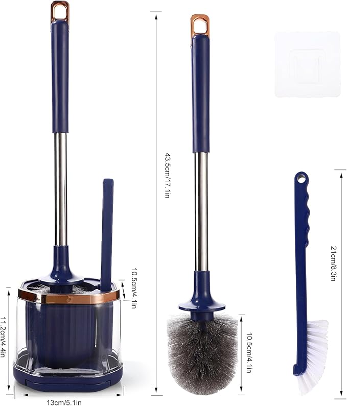 Toilet Bowl Brush and Holder 2 Pack Long Handled Toilet Brush Set for Bathroom with Gap Cleaning Brush and Clip deep Cleaning Wall-Mounted Household 3-in-1 Cleaning Brush Set （Blue）