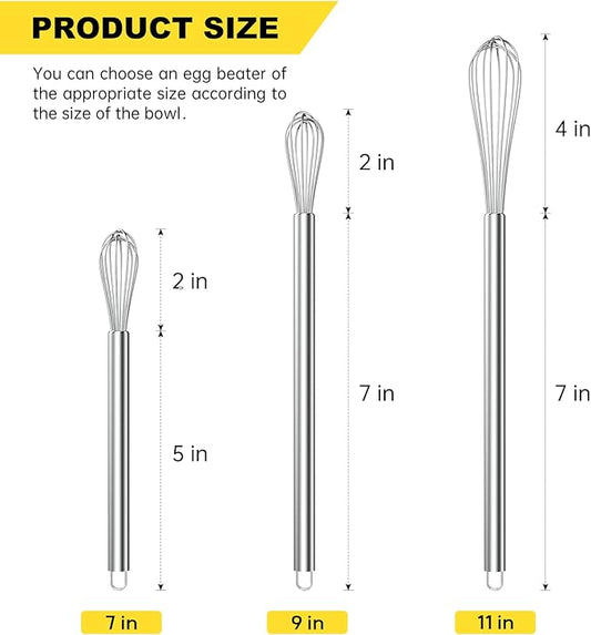 NileHome Mini Whisks Stainless Steel Whisk Set 7" 9" 11"Kitchen Small Wisk Balloon Wire Tiny Whisks for Cooking, Whisking, Blending, Beating, Stirring 3 Pack