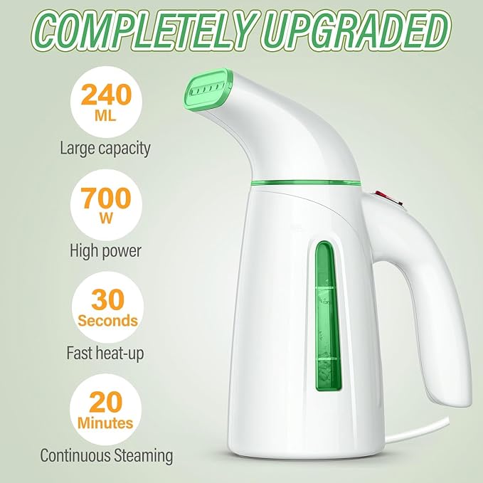 OGHom Steamer for Clothes, Portable Handheld Clothing Garment Steamer, 240ml Large Capacity 700W Travel Steam Iron 30 Second Fast Heat Up (Soft Green)