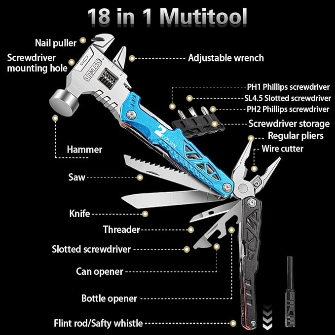 18 in 1 Multitool,Blue,with Replaceable Blades Wire Cutters for Gift | Stainless Steel Pliers Lightweight and Portable,Comprehensive Tool for Outdoor Activities,Apply to Survival,Camping & Hunting