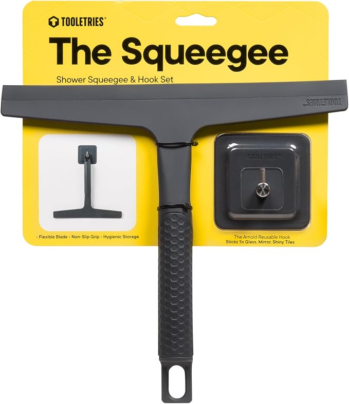TOOLETRIES The Squeegee & Hook Glass Shower Squeegee – 10 Inch | Silicone grip shower squeegee for glass, mirrors and windows with a matching storage hook.