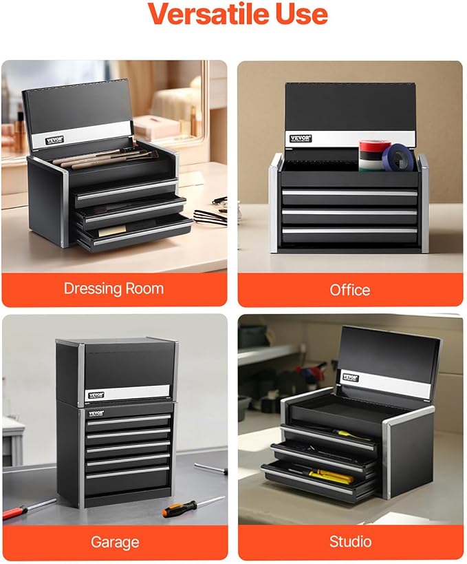 VEVOR Metal Tool Box, 8.6-inch, Portable Metal Tool Box with 3 Drawers, Small Tool Chest with EVA Liners and PP Feet Pads, Heavy-Duty Steel With Ball Bearing Opening and Powder Coated Finish, Black