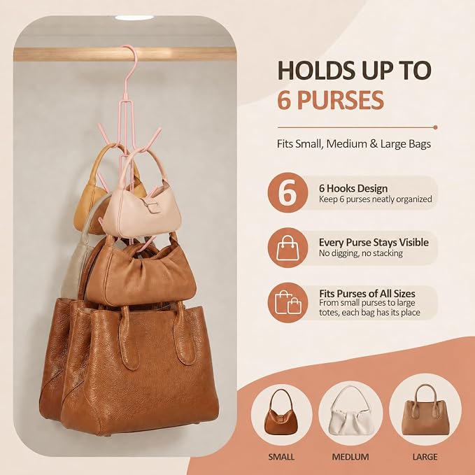 ZEDODIER Purse Organizer for Closet, Heavy-Duty Hanging Purse Hanger Closet Holds Up to 6 Purses, Metal Rotating Space Saving Bag Holder Handbag Storage Hook Backpack Rack, Pink