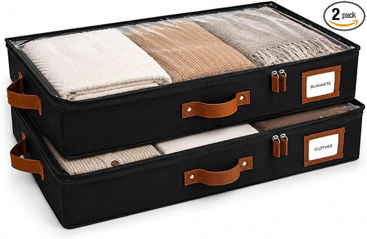 HOMELUX THEORY 2pc Under Bed Storage Containers, Bedroom Under the Bed Drawer Storage Organizer with Bins and Lids, Large Underbed Clothes Storage Box Ideal for Blanket, Fabric, & Shoes (Black)
