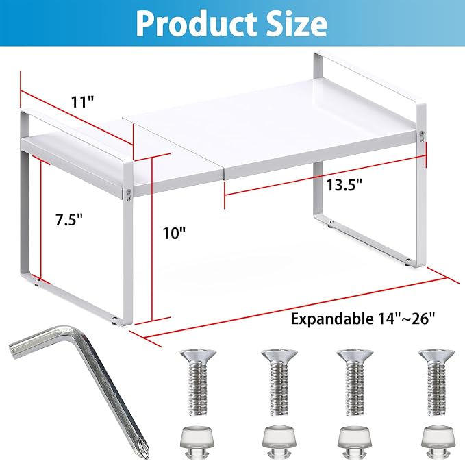 Expandable Shelf for Cabinet, 11" Deep Kitchen Cabinet Organizer, 1 Pack | Adjustable 14-26", Heavy Duty Metal Countertop Riser for Under Sink and Kitchen Cupboard Storage, 55 Lbs Anti-Sag, White