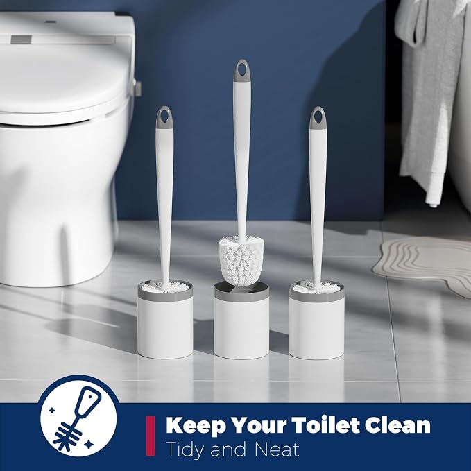 Holaloha Toilet Brush, 3 Pack Toilet Brush and Holder Set, Compact Bathroom Accessories for Toilet Bowl Cleaning and Space Saving, White