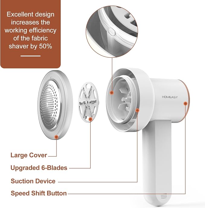 HOMEASY Fabric Shaver, Rechargeable Lint Remover for Clothes White | Electric sweater shaver and depiller with 70mm head, 6-leaf blades, LED battery display and Type-C charging for Furniture