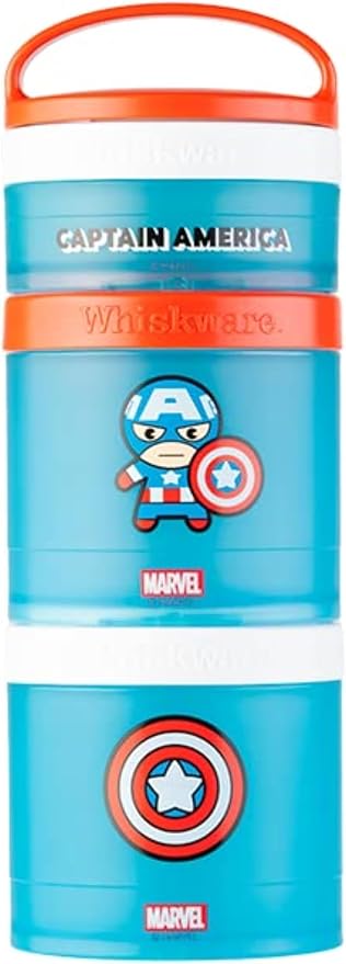 Whiskware Marvel Stackable Snack Containers for Babies, Kids, and Toddlers, 3 Stackable Snack Cups for School or Travel, Formula and Cupholder Friendly, Captain America (Pack of 12)