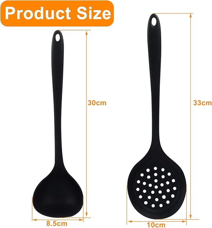Jiozermi Silicone Soup Ladle and Slotted Spoon Set of 2, Heat Resistant Utensils for Cooking, Stirring, Serving, and Draining, Durable and Easy to Clean, Durable and Easy to Clean