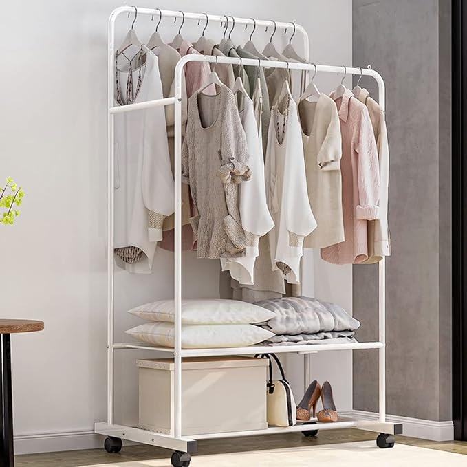 Clothing Garment Rack with Shelves, Upgraded Length Cloth Hanger Rack Stand on Wheels, Clothes Drying Rack with Two Rod(31.5inch White)