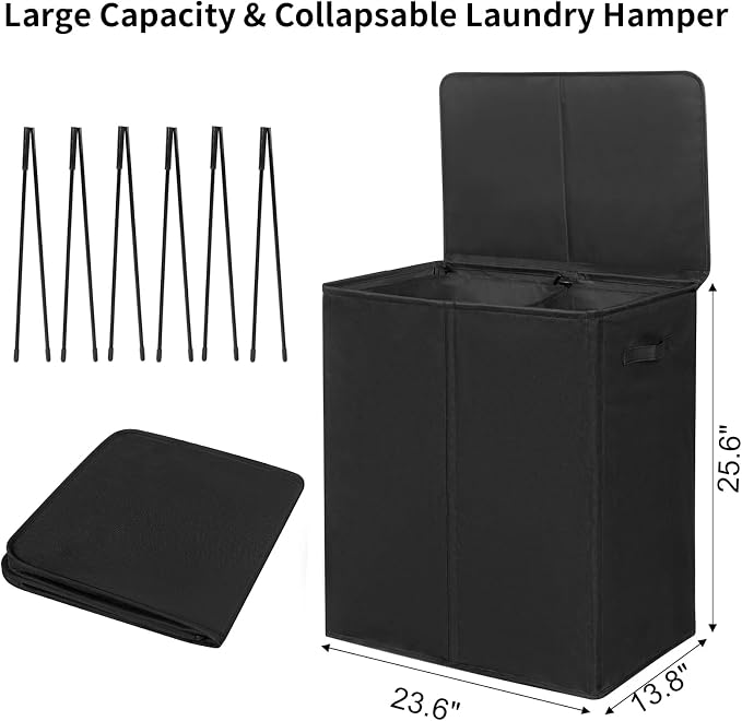 WOWLIVE 140L Double Laundry Hamper 2 Section with Lid and Removable Bags | Divided Laundry Basket, Large Dirty Clothes Hamper with Handle, Collapsible Laundry Storage for Dorm Room, College, Black