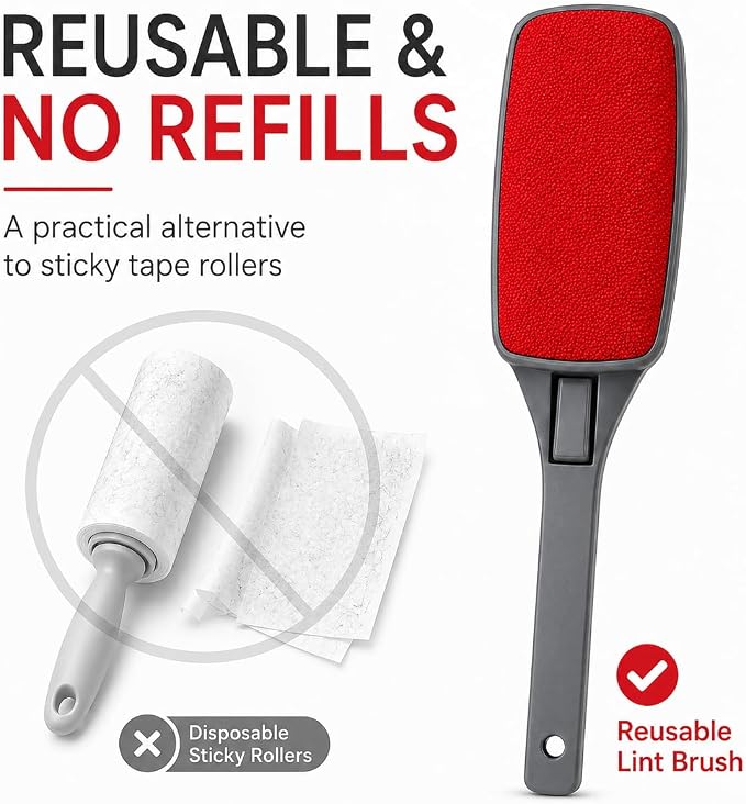 Reusable Lint Brush for Clothes, Double Sided Pet Hair Remover Brush with Swivel Head, Fabric Lint Remover for Couch, Furniture, Bedding and Upholstery