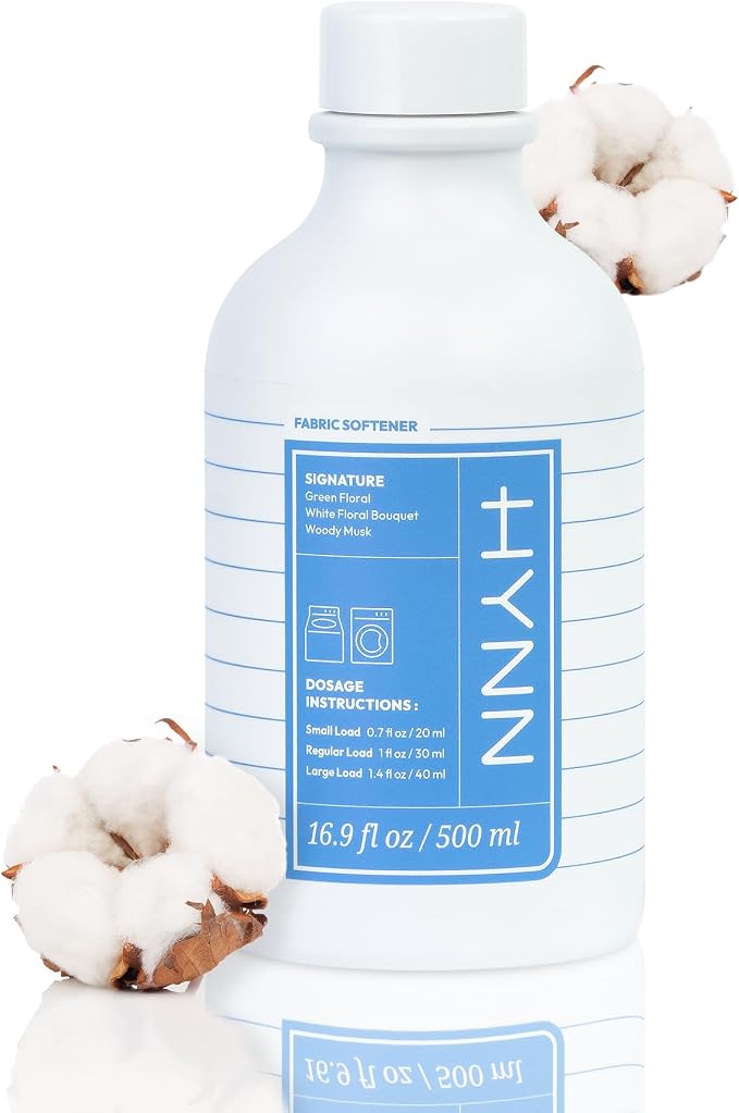 HYNN Liquid Fabric Softener, Gentle Formula, White Woody Musk, 16.9 Fl Oz | Hypoallergenic concentrated fabric softener for sensitive skin. Long-lasting scent with static control and wrinkle care.