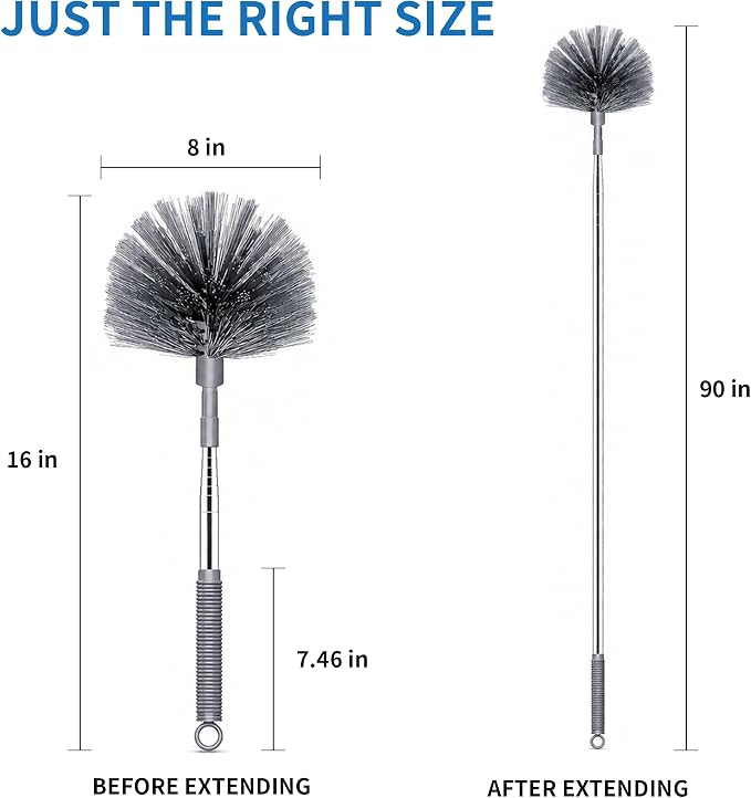 Cobweb Duster with Extension Pole, 90" Spider Web Brush, Grey | Cobweb duster with extension pole & stainless steel telescopic handle. For ceilings, fans & corners. Collapses to 15.7".