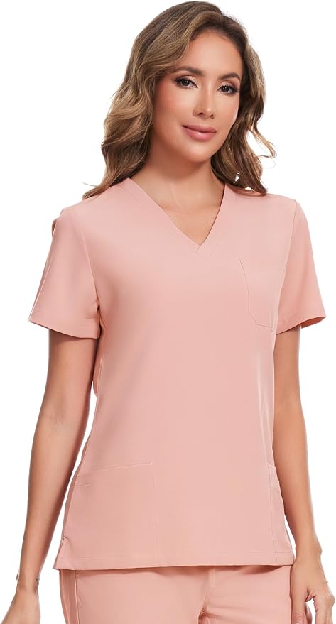 Scrubs Tops for Woman - Soft Stretch, V-Neck Tops | 3 Pockets, Side Split Design, Short Sleeve, Breathable & Lightweight Nursing Shirt, Easy-Care Fabric for All-Day Comfort