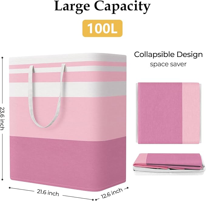 StorageRight Laundry Basket Hamper, 100L Collapsible Clothes Storage, Pink | Freestanding Clothes Hampers, Foldable design, with Easy Carry Handles, For Laundry, Bedroom, Dorm, Clothing, Towels, Toys