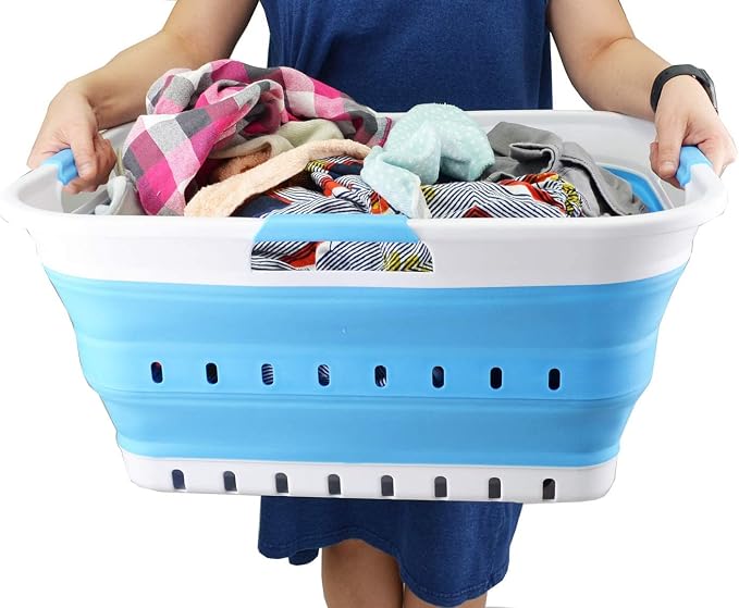 SAMMART 42L (11 gallon) Collapsible Plastic Laundry Basket - Foldable Pop Up Storage Container/Organizer - Portable Basket - Space Saving Hamper/Basket (2, White/Marine Blue)