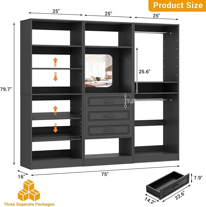 Unikito Modular Closet System with 3 Sets, 75”Closet Organizer System with Drawers, Mirror, Hanging Rods and Adjustable Shelves, Freestanding Wood Wardrobe Garment Rack, Walk in Closet Tower, Black