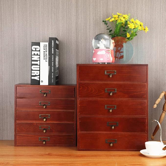 GoooodGIFT Wooden Drawers Large Wooden Box with Drawer, Brown | 5 Drawer Wood Storage Box , Vintage Desktop Organizer with Drawers, Desk Organizers for Library Card Catalog Cabinet