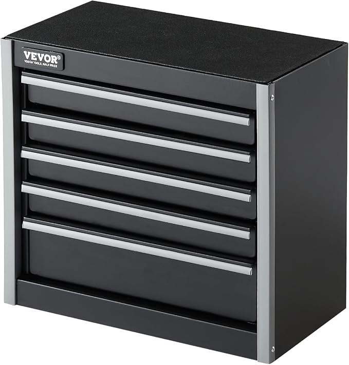 VEVOR Metal Tool Box, 8.6-inch, Portable Metal Tool Box with 5 Drawers, Small Tool Chest with EVA Liners and PP Feet Pads, Heavy-Duty Steel With Ball Bearing Opening and Powder Coated Finish, Black