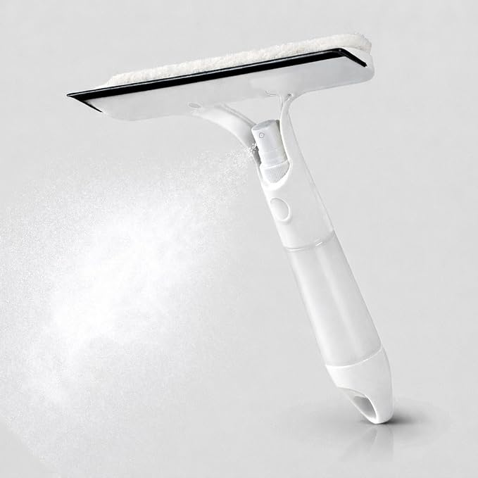 3-in-1 Window Squeegee with Spray Bottle, Handheld Glass Cleaning Tool with Microfiber Scrubber and Silicone Blade, Refillable Window Cleaner for Mirrors, Shower Doors, Tiles & Car Windows (White)