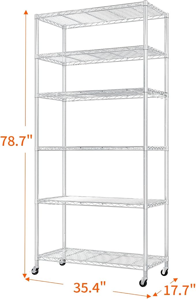 Karl home Silver 6-Tier Wire Storage Shelving with Wheels | Adjustable Storage Unit , Size 78.7"H X 35.4" W X 17.7" D, Suitable for Garage, Kitchen and Basement