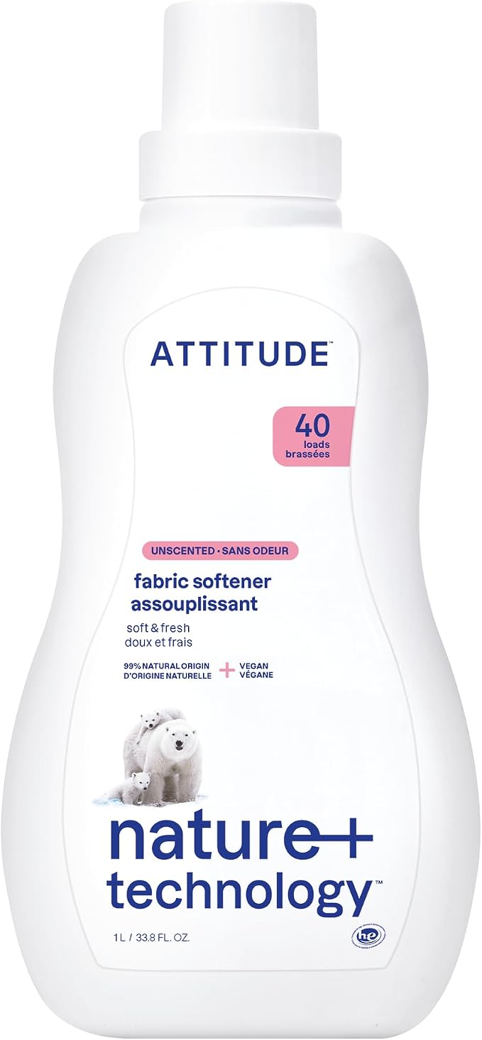 ATTITUDE Liquid Fabric Softener, Plant-Based & Vegan, HE Compatible, Naturally Derived, Unscented, 40 Loads, 33.8 Fl Oz