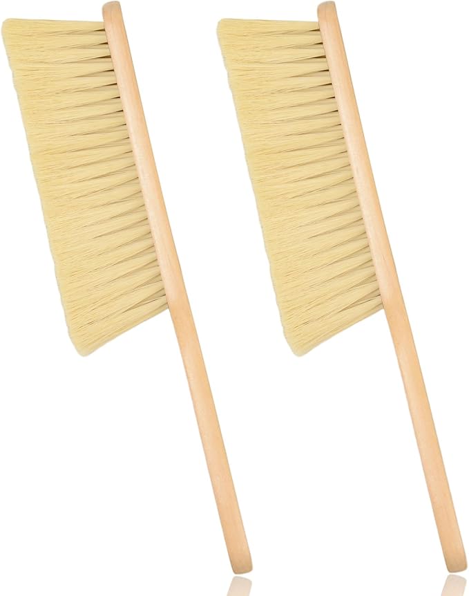 2 Pieces Woooden Dust Brush Hand Broom Bench Brush with Long Wood Handle Whisk Broom Soft Bristle Brush for Counter Bed Sofa Car Fireplace Clothes Household Cleaning