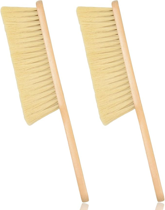2 Pieces Woooden Dust Brush Hand Broom Bench Brush with Long Wood Handle Whisk Broom Soft Bristle Brush for Counter Bed Sofa Car Fireplace Clothes Household Cleaning