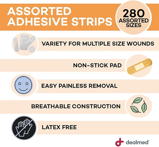 Dealmed Adhesive Bandages Variety Pack - Sterile First Aid - 3360 Count | Polyurethane Material, 280 Per Box, 12 Boxes, Individually Wrapped, Non Stick Pad, Assorted Sizes