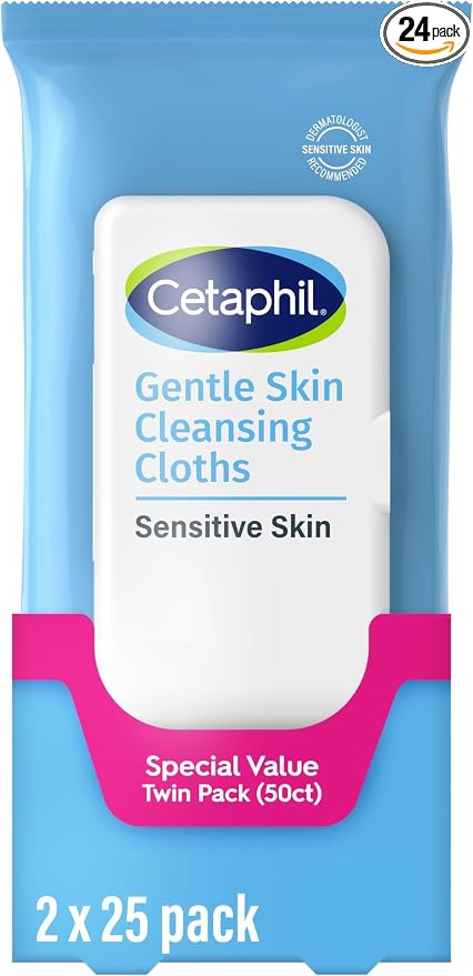 Cetaphil Face and Body Wipes, Gentle Skin Cleansing Cloths, 50 Count, Twin Pack, for Dry, Sensitive Skin, Flip Top Closure, Great for the Gym, Travel, in the Car, Hypoallergenic, Fragrance Free