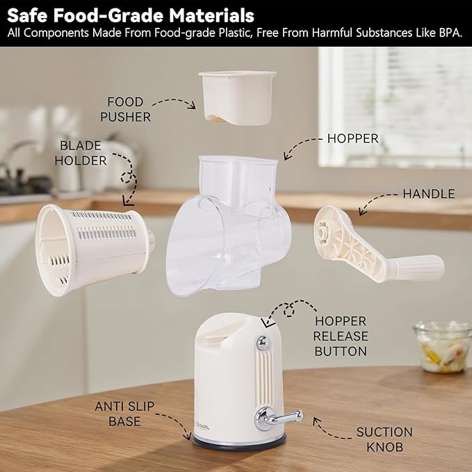 Rotary Cheese Grater with Handle – Includes 5 Stainless Blades and Feature Strong Suction Base – Easy to Clean, Cheese Shredder Hand Crank, Multi-Purpose Slicer (White)