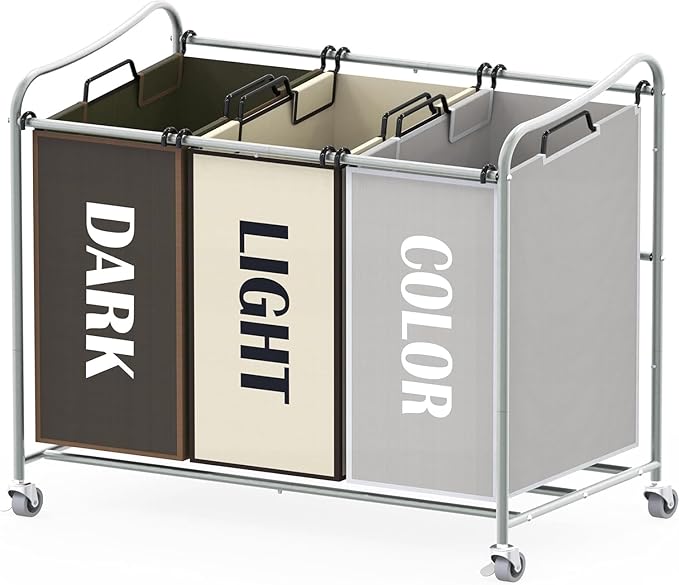 Simple Houseware Heavy Duty 3-Bag Laundry Sorter Rolling Cart, Assorted | Removable Bags and Lockable Wheels for Laundry Room Organization