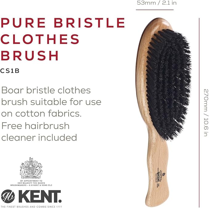 Kent CS1B Clothes Brush, Fabric Lint Remover for Cotton, Wool, Suede and Silk, Pure Black Bristles Handcrafted Two Tone Cherrywood Veneer Remover for Dust, Fluff and pet Hair. Made in England