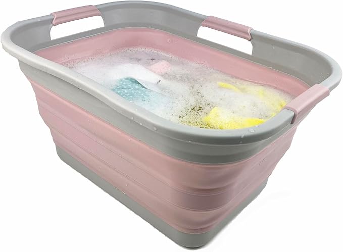 SAMMART 30L (8 gallon) Collapsible Plastic Laundry Basket-Foldable Pop Up Storage Container/Organizer-Portable Washing Tub-Space Saving Hamper/Basket (1, Grey/Pale Pink)