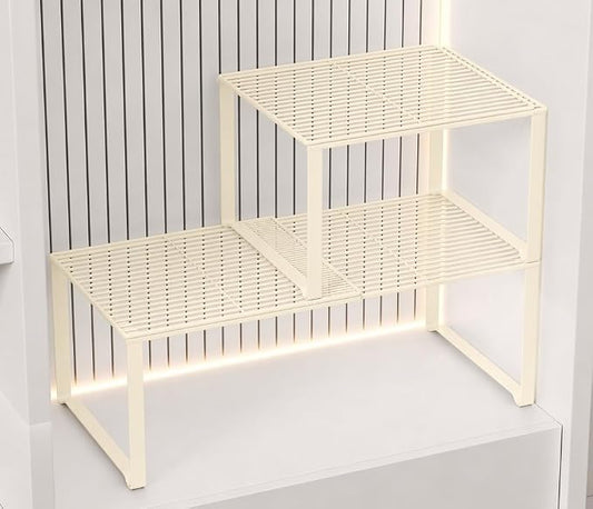 Extendable Metal Wire Shelf Organizer - Adjustable 15-24.4in Length, Stackable Storage Rack for Kitchen/Pantry/Bathroom/Shoe Cabinet/Tool Closet (2, Cream)