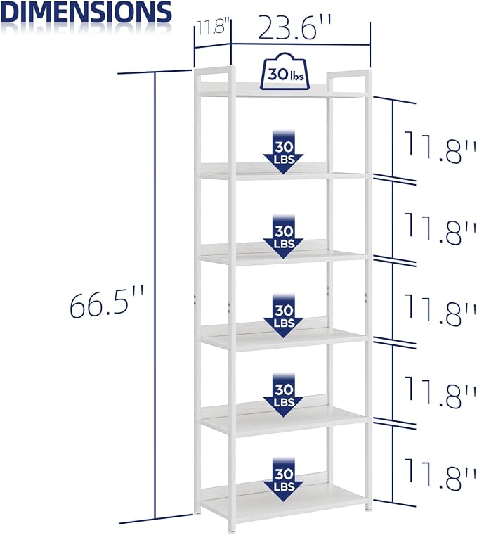 NUMENN Bookshelf, 6 Tier Freestanding Shelving Unit, White | Metal Frame & Wood Shelves, Falling Prevention Baffle, Open Storage Bookcase for Bedroom, Living Room & Home Office
