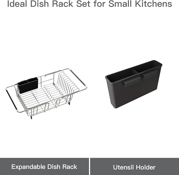 MAJALiS Dish Drying Rack Over The Sink with Adjustable Utensil Holder | Expandable Stainless Steel Dish Drainer for Small Kitchen, Apartment, RV, Counter Space Saving, Perfect Fit, Rustproof