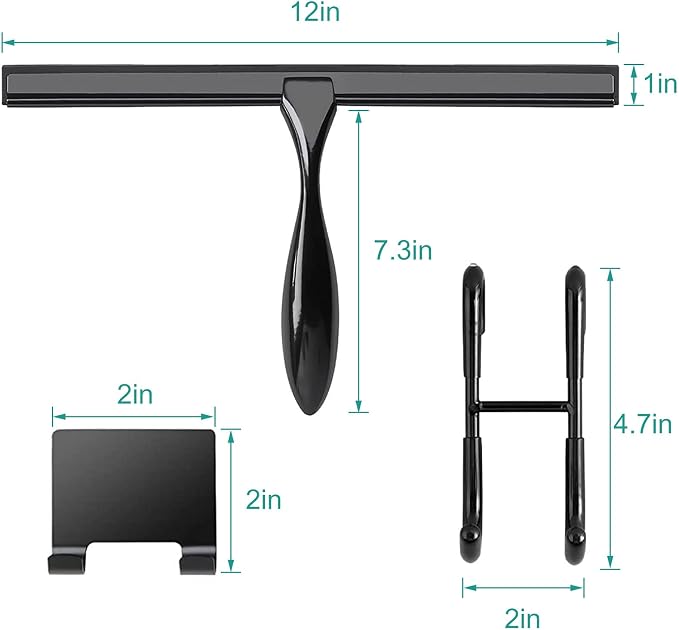 Shower Squeegee for Glass Doors,12-Inch Shower Glass Squeegee, Matte Black Shower Squeegee for Shower Doors,Mirror,Windows, with Shower Door Hook and Adhesive Hook