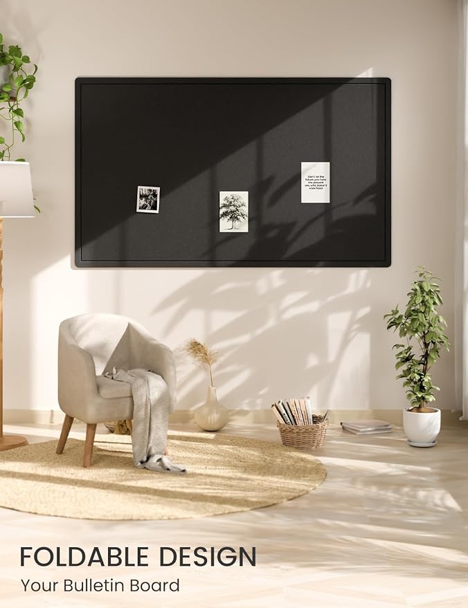 Fluxynara 59" x 35.4" Large Bulletin Board, Black | Cork Board Alternative with 24 Removable Adhesive Tabs, Foldable Felt Pin Board for Home, Office, Classroom & Dorm